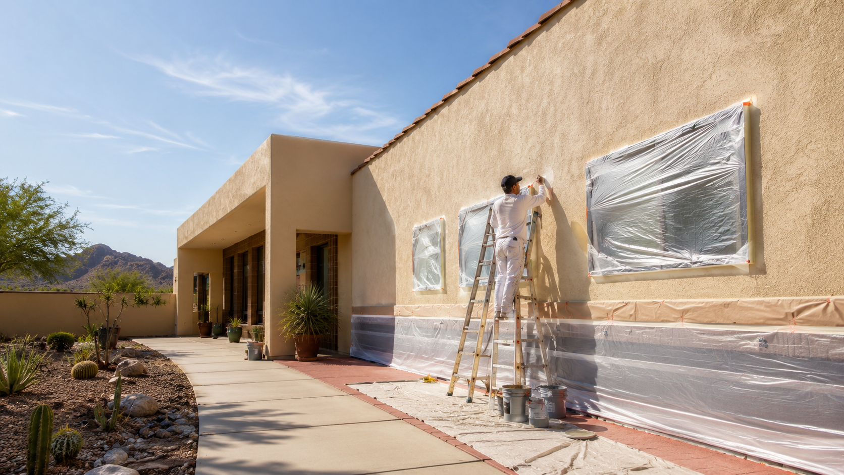 Painter on a ladder masking and painting a Southwestern stucco home exterior in Arizona